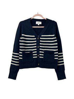 Pomander Place Swater Cardigan Women's M Navy & White Striped Button Up V-Neck
